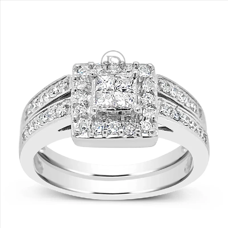 Women’s personalized engagement rings-Diamond Halo Engagement Ring .50 CTW Princess Cut w/ Round Cut 14K White Gold