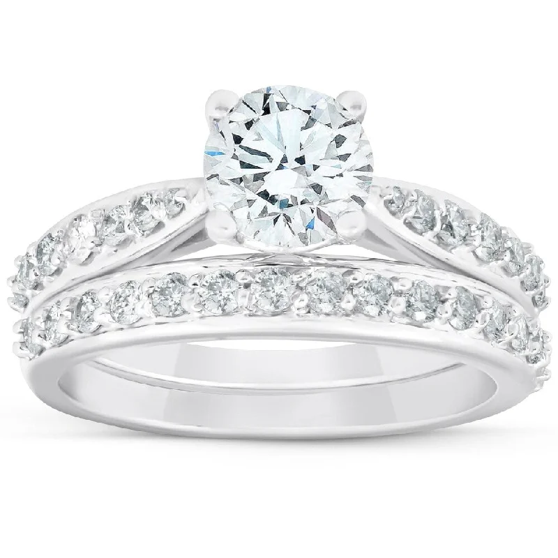 Women’s engagement rings with diamond accents-1 3/4Ct Diamond Engagement Matching Wedding Ring Set 14k White Gold