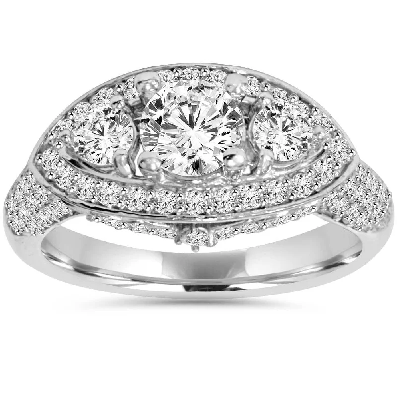 Women’s engagement rings with diamonds-1 3/4Ct 3 Stone Diamond Vintage Unique Pave Engagement Ring 14K White Gold