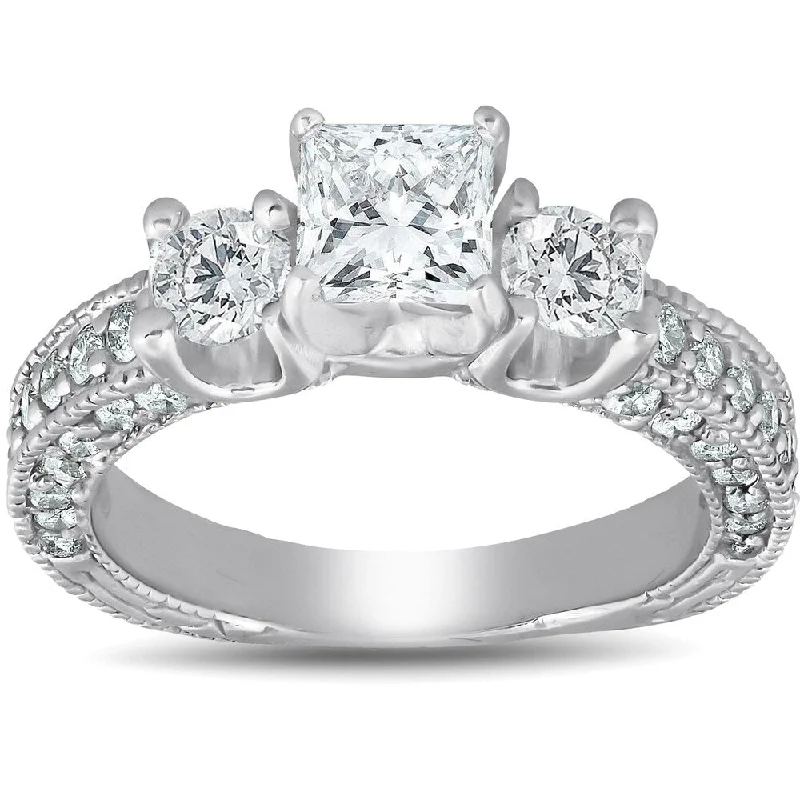 Women’s emerald solitaire engagement rings-Pompeii3 14k White Gold 2 1/4 ct TDW Princess Cut Diamond Vintage Three Stone Engagement Ring Clarity Enhanced