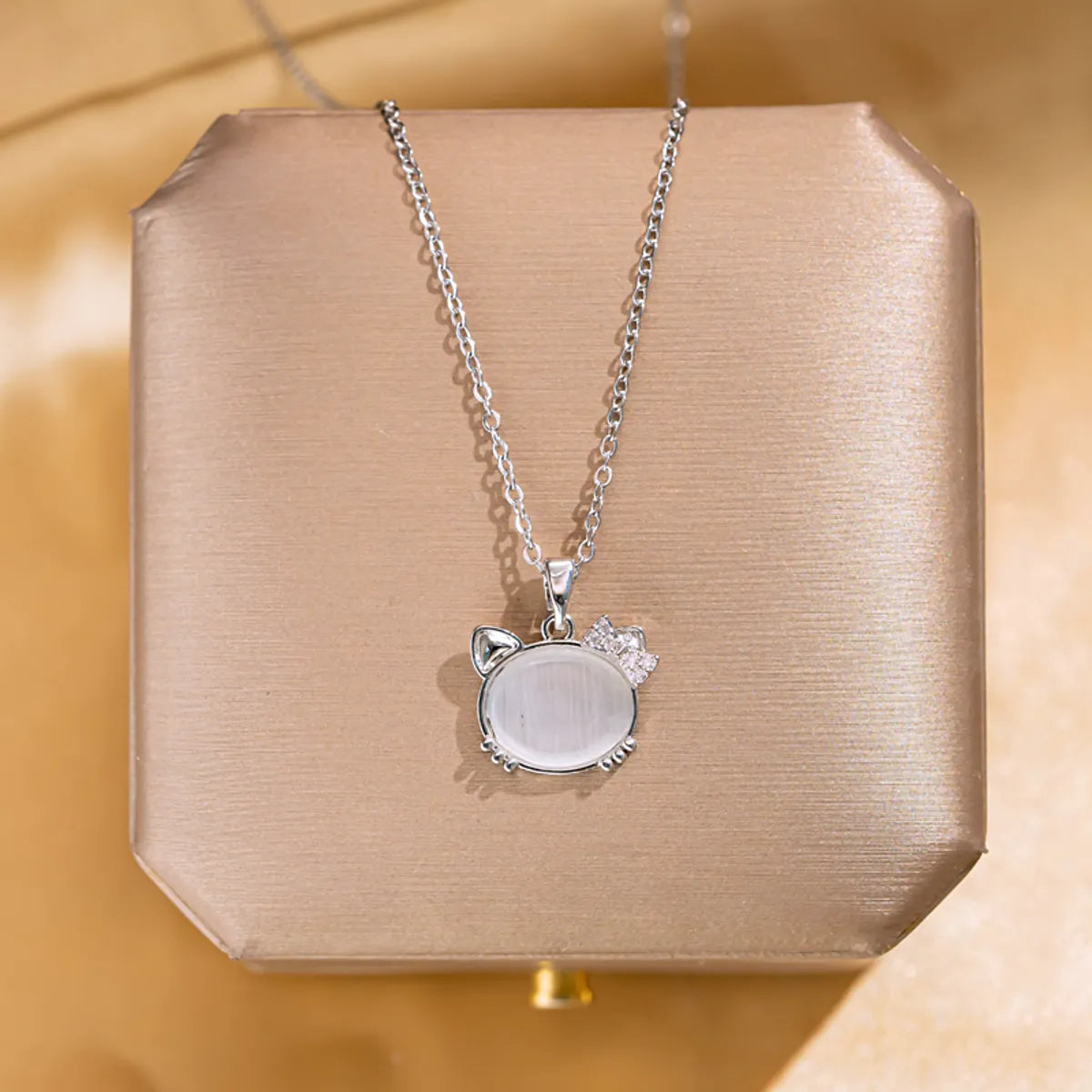 Women’s simple pendant necklaces-Wholesale Cute Korean Style Cat 304 Stainless Steel Copper Plating Inlay White-Plated K Opal Zircon Pendant Necklace