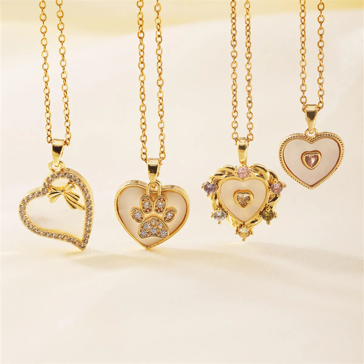 Women’s chunky necklaces-Wholesale Cute Romantic Sweet Paw Print Heart Shape Bow Knot 304 Stainless Steel Copper Inlay K Gold Plated Shell Zircon Pendant Necklace