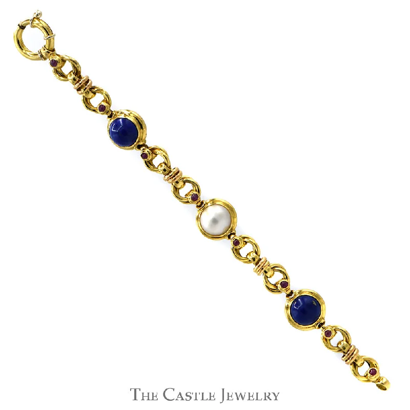 Women’s stylish bangles-Women’s stylish bangles-7 1/2 inch Round Cabochon Lapis and Mabe Pearl Link Bracelet with Round Ruby Accents in 18k Yellow Gold