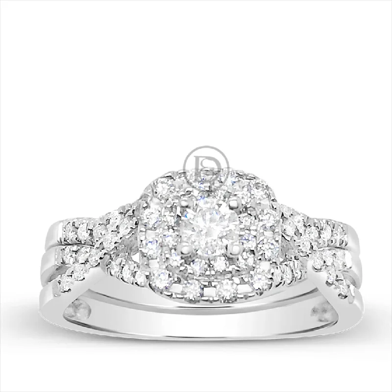 Women’s diamond eternity engagement rings-Diamond Halo Engagement Ring .50 CTW Round Cut 14K White Gold