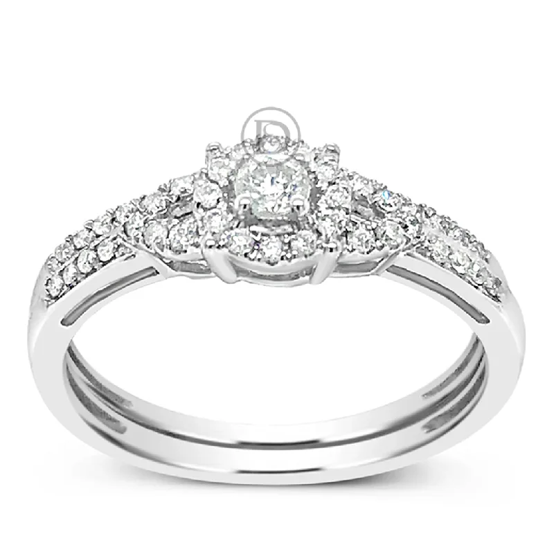 Women’s banded engagement rings-Diamond Halo Engagement Ring .32 CTW Round Cut 10K White Gold