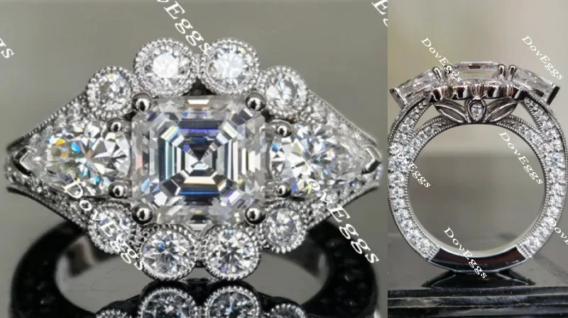 Women’s pear-shaped engagement rings-Doveggs art deco floral asscher moissanite engagement ring