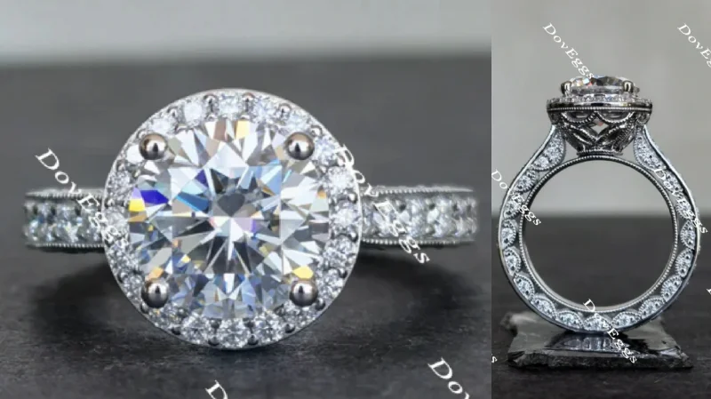 Women’s radiant-cut diamond engagement rings-Doveggs round full eternity channel set halo moissanite engagement ring