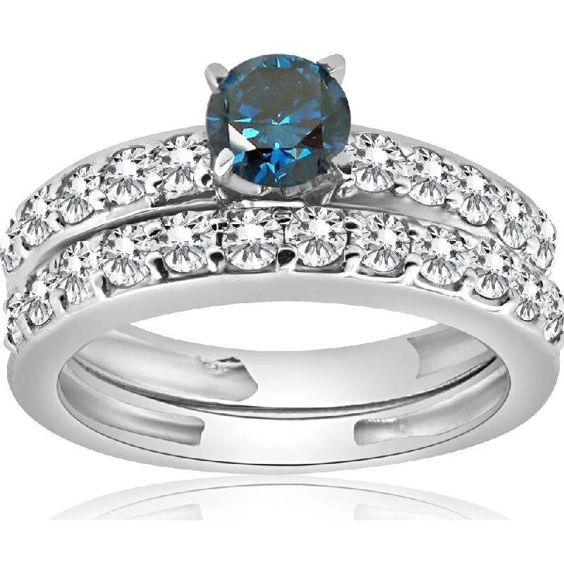 Women’s sapphire and diamond engagement rings-Pompeii3 14K White Gold 1 1/3Ct Blue Round Cut Diamond Matching Bridal Engagement Wedding Ring Set