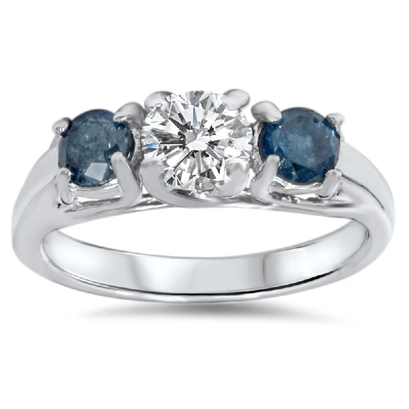 Women’s large diamond engagement rings-14k White Gold 1ct White and Blue Diamond 3-stone Engagement Ring