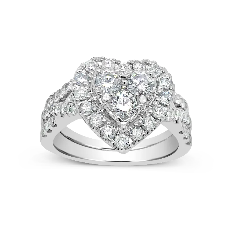 Women’s platinum halo engagement rings-Diamond Halo Heart Shaped Engagement Ring 1.50 CTW Round Cut 14K White Gold