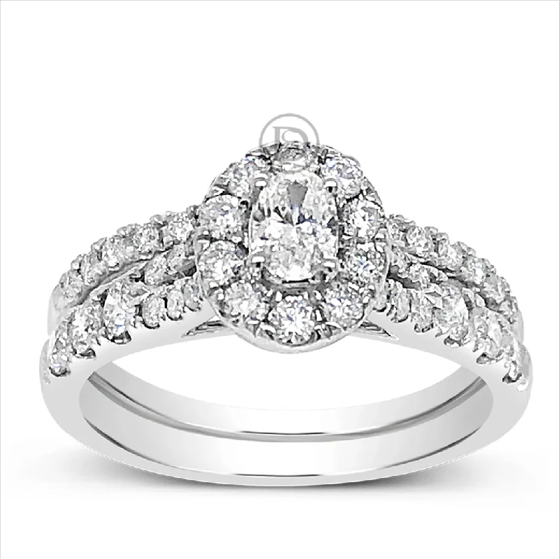 Women’s platinum engagement rings-Diamond Oval Halo Engagement Ring 1.19 CTW Round Cut 14K White Gold