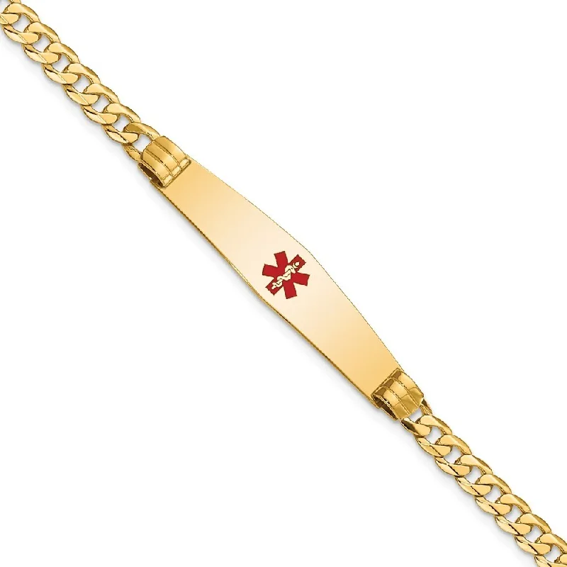 Women’s friendship bracelets-14k Yellow Gold 9mm Medical Soft Diamond Shape Red Enamel Curb Link ID Bracelet, 7"