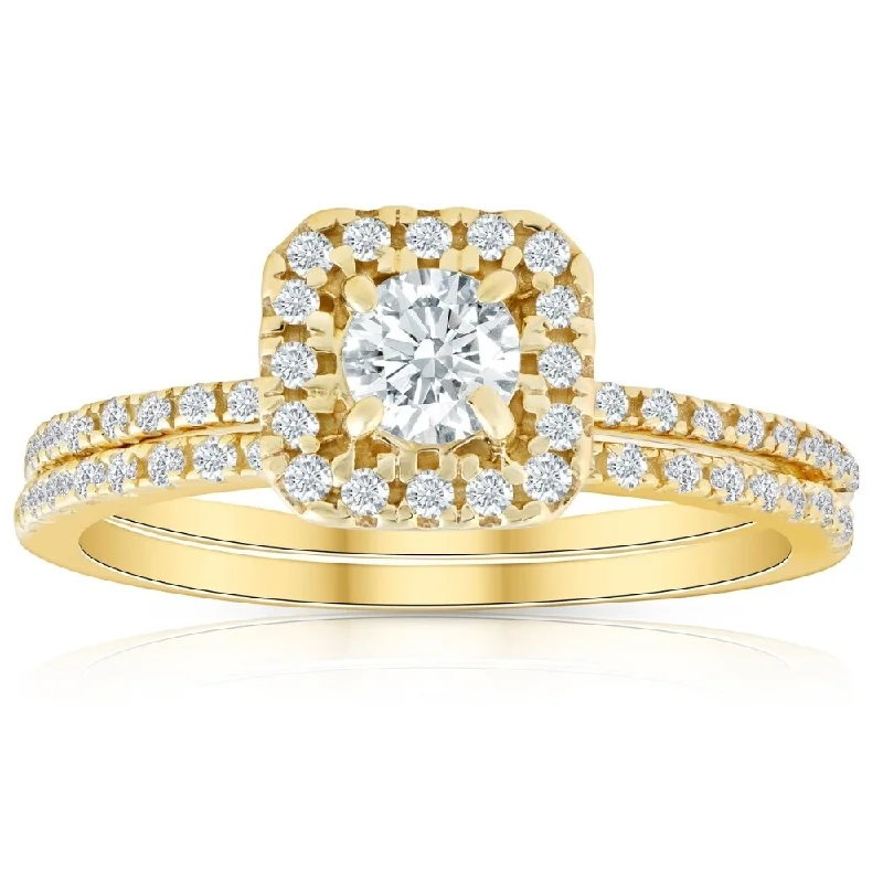 Women’s bezel engagement rings-5/8 Ct TDW Diamond Cushion Halo Engagement Wedding Ring Set Yellow Gold