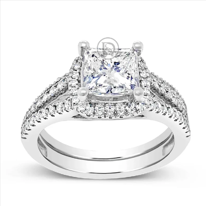 Women’s diamond trio engagement rings-Diamond Halo Engagement Ring 2.50 CTW Princess Center w/ Round Cut 14K White Gold