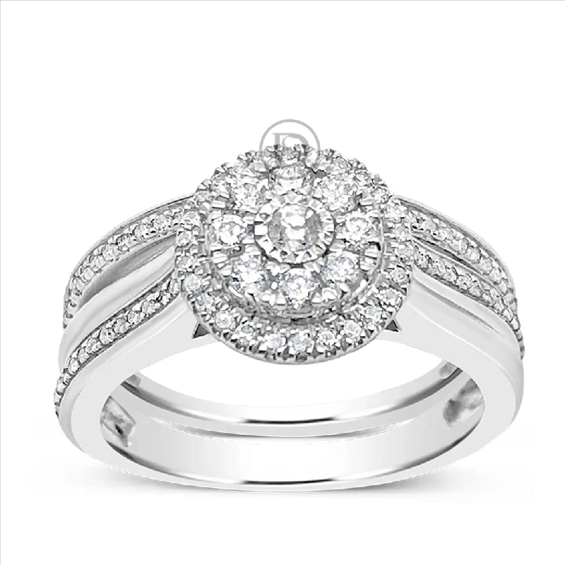 Women’s platinum engagement rings-Diamond Halo Engagement Ring .50 CTW Round Cut 10K White Gold