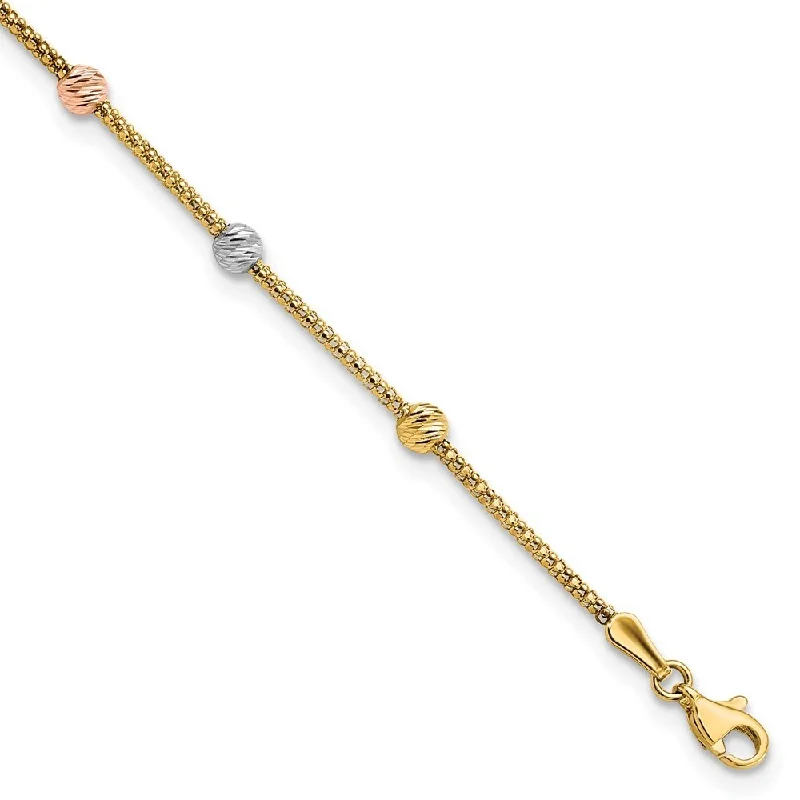 Women’s delicate bracelets-14k Tri-color Diamond-cut 7-Station Bead and Chain Bracelet, 7.25" (W-4mm)