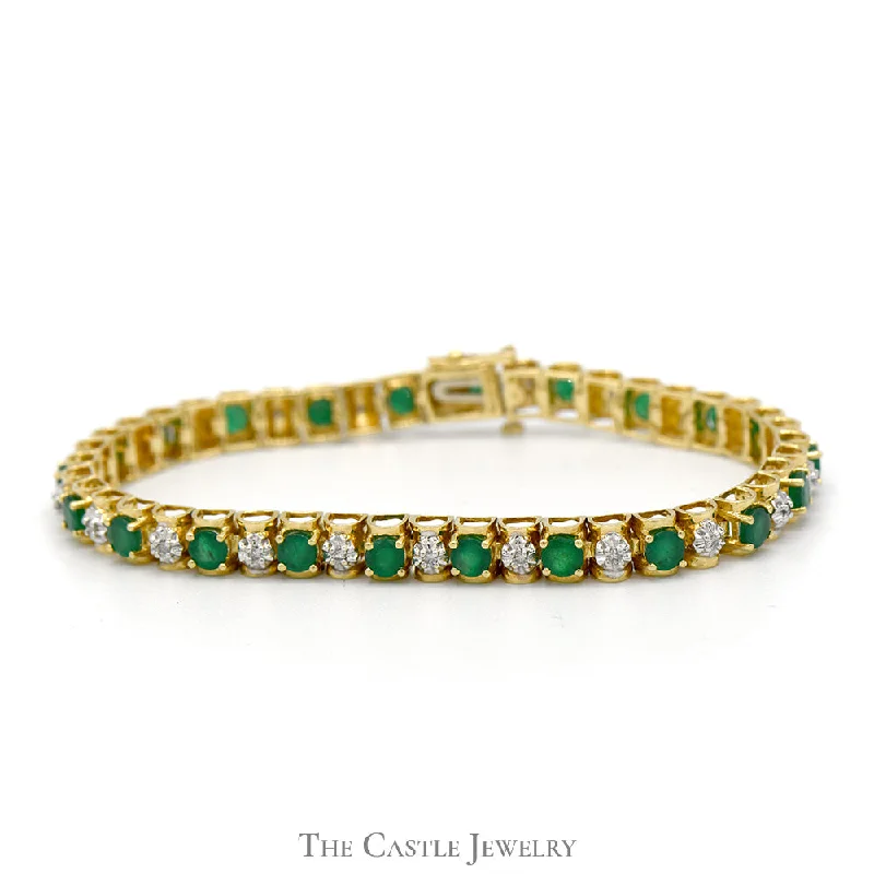 Women’s unique bangles-Women’s unique bangles-6 (3/4) inch Round Emerald Bracelet with Illusion Set Diamond Accents in 10k Yellow Gold