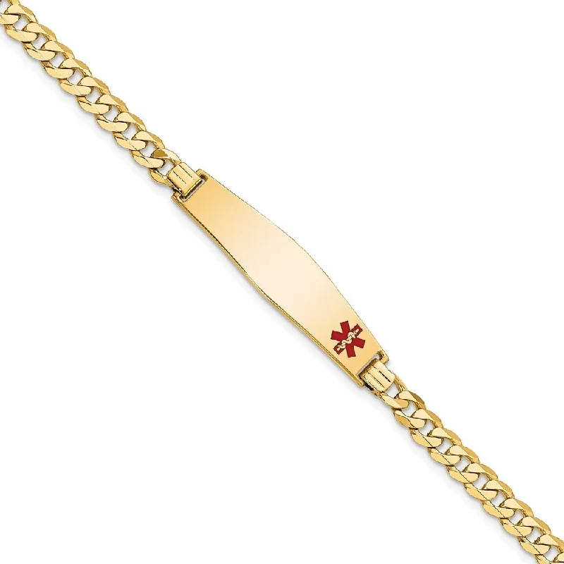 Women’s double-band bracelets-14k Yellow Gold 8.5mm Medical Soft Diamond Shape Red Enamel Flat Curb Link ID Bracelet, 7"