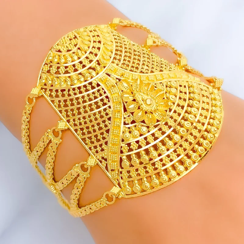 Women’s silver bangle bracelets-Women’s silver bangle bracelets-Palatial Floral Netted 22K Gold Statement Bracelet