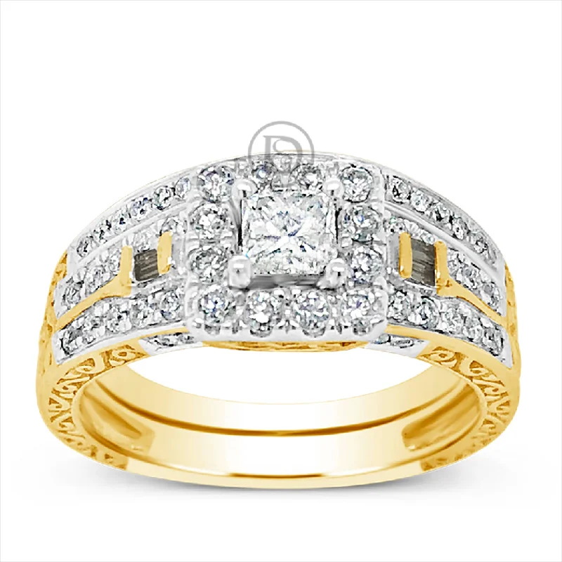 Women’s art deco engagement rings-Diamond Halo Engagement Ring .50 CTW Princess Cut Center W/ Round Cut & Bagguette details 14K Yellow Gold