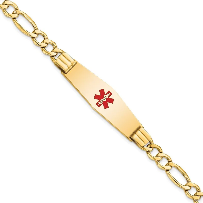 Women’s luxury tennis bracelets-14k Yellow Gold 13.5mm Semi-Solid Medical Soft Diamond Shape Red Enamel Figaro ID Bracelet, 8"