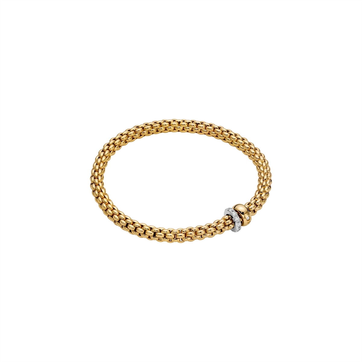 Women’s cuff bracelets-Fope 18K Yellow and White Gold Solo Collection Bracelet with Diamond and Gold Rondel, Medium Size