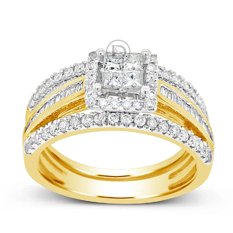 Women’s pearl engagement rings-Diamond Halo Engagement Ring .93 CTW Princess Cut w/ Baguettes & Round Cut 14K Yellow Gold