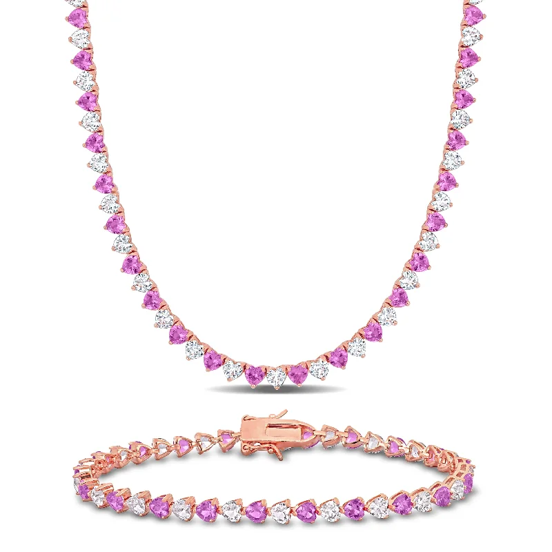 Women’s engraved gold bracelets-Women’s engraved gold bracelets-Miadora 43 1/5ct TGW Created Pink and White Sapphire Tennis Necklace and Bracelet Set Rose Plated Silver