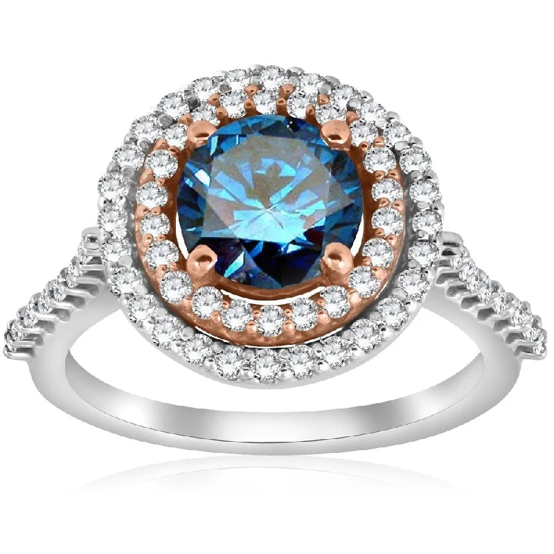 Women’s engagement rings with diamond accents-Pompeii3 14K Rose & White Gold 2 ct TDW Blue Diamond Double Halo Engagement Ring Lab Grown Clarity Enhanced - White G-H