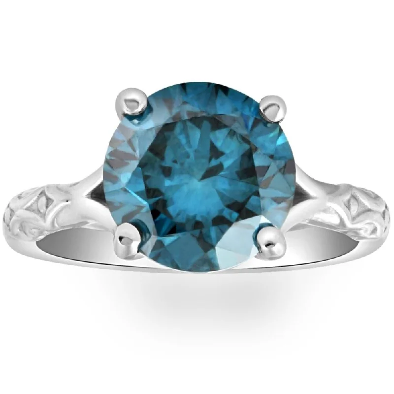 Women’s banded engagement rings-VS 3Ct Blue Diamond Solitaire Vintage Engagement Ring Lab Grown in White Gold