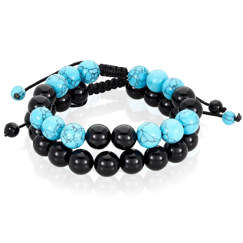 Women’s chunky bracelets-Women’s chunky bracelets-Men's Turquoise and Onyx Stone Adjustable Bracelet Set