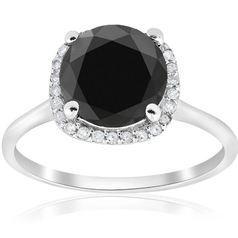 Women’s pearl engagement rings-3 1/10ct Treated Black Diamond Cushion Halo Engagement Ring 14K White Gold