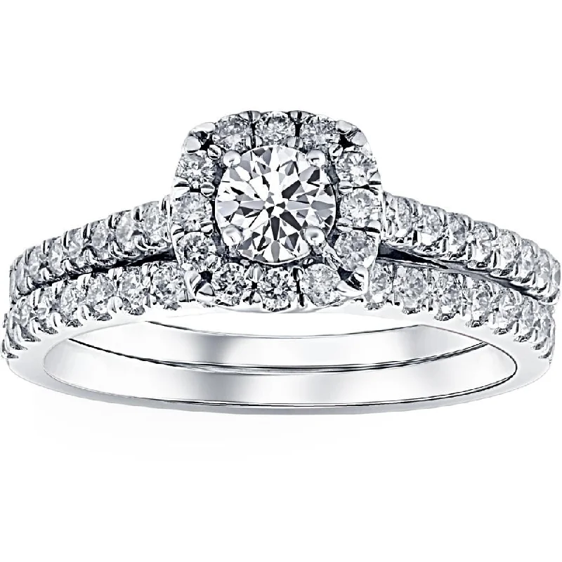 Women’s cushion-shaped diamond engagement rings-1ct Cushion Halo Lab Created Diamond Engagement Wedding Ring Set 14K White Gold