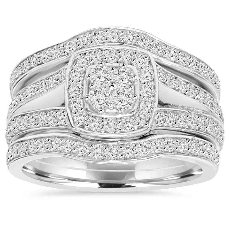 Women’s emerald-cut engagement rings with diamonds-10k White Gold 1 1/10 ct TDW Diamond Trio Guard Engagement Wedding Ring Set