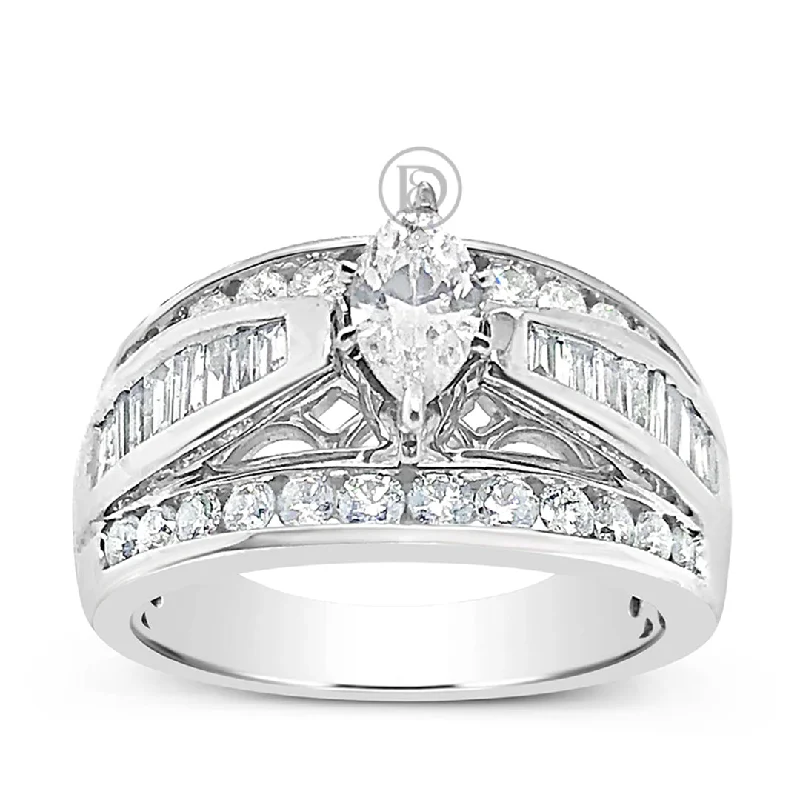 Women’s round engagement rings-Diamond Engagement Ring 1.50 CTW Marquise Cut w/ Baguettes Diamonds 14K White Gold