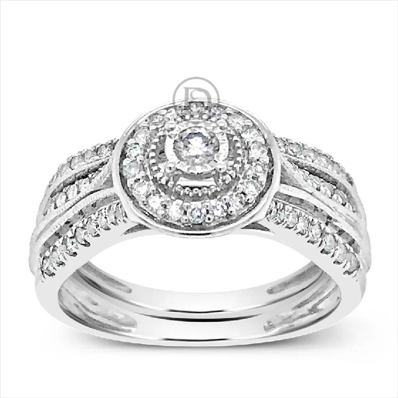 Women’s personalized engagement rings-Diamond Halo Engagement Ring .50 CTW 10K White Gold Bridal Set