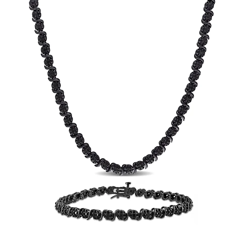 Women’s bold bracelets-Women’s bold bracelets-Miadora 1 1/2ct TDW Black Diamond Tennis Bracelet Necklace Set Sterling Silver