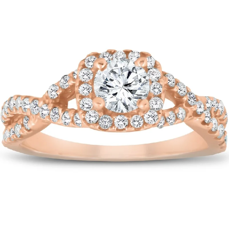 Women’s black diamond engagement rings-14k Rose Gold 1 Ct TDW Round Diamond Cushion Halo Engagement Ring