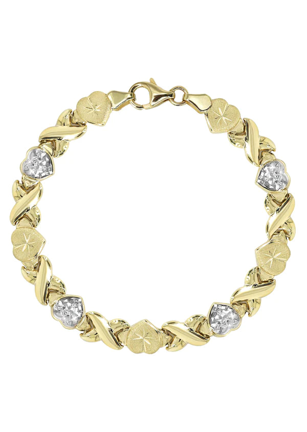 Women’s luxury gold bracelets-YELLOW GOLD "XO HEART" DIAMOND CUT TWO TONE BRACELET FOR WOMEN 10K/14K