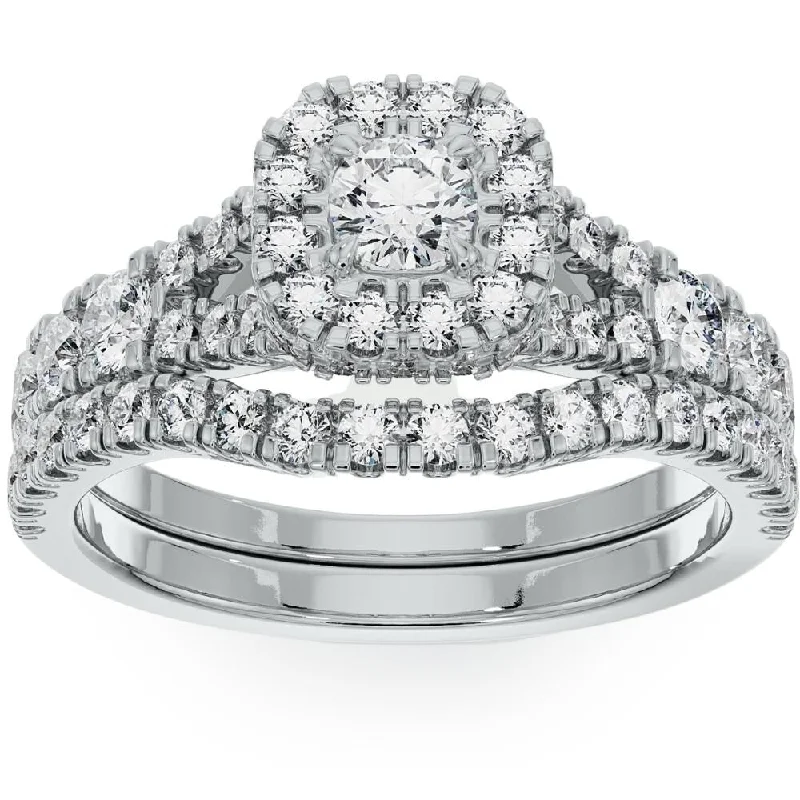 Women’s platinum diamond engagement rings-1 1/4Ct Cushion Halo Diamond Engagement Wedding Ring Set in White or Yellow Gold