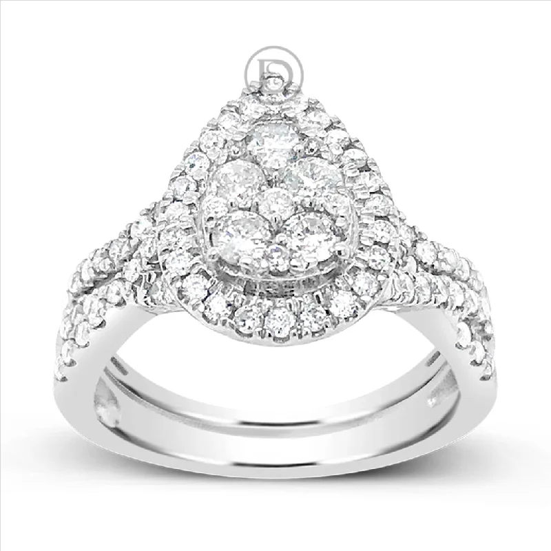 Women’s large gemstone engagement rings-Diamond Halo Pear Shaped Engagement Ring 1 CTW Round Cut 14K White Gold