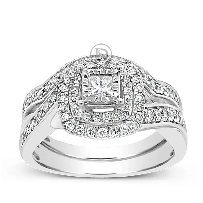 Women’s affordable diamond engagement rings-Diamond Halo Engagement Ring .50 CTW Round Cut 14K White Gold