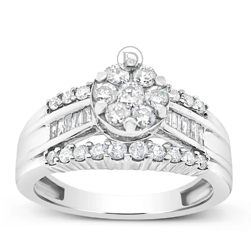 Women’s multi-diamond engagement rings-Diamond Engagement Ring 1 CTW Round Cut w/ Baguettes 10K White Gold Bridal Set