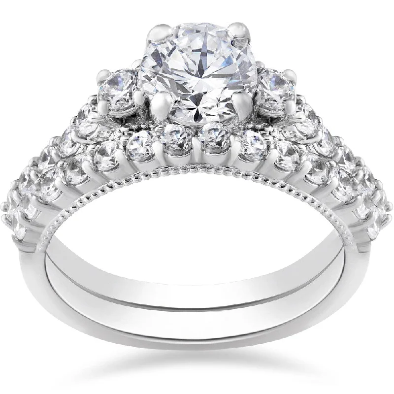 Women’s vintage-inspired engagement rings-14k White Gold 2 ct TDW Diamond Clarity Enhanced Vintage Engagement Wedding Ring Set