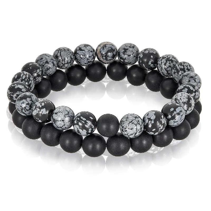 Women’s delicate bracelets-Women’s delicate bracelets-Men's Snowflake Agate and Onyx Stone Stretch Bracelet Set