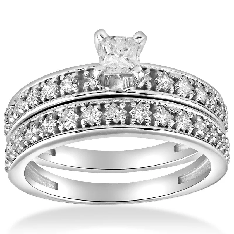 Women’s unique engagement rings-10k White Gold 1 cttw Princess Cut Diamond Engagement Wedding Ring Set