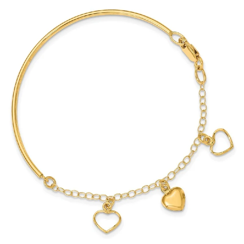 Women’s chic bangles-14k Yellow Gold 2mm Polished Dangle Heart Chain Bangle Bracelet, 7"