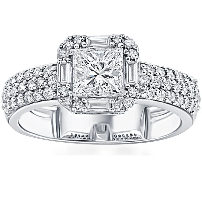 Women’s art nouveau engagement rings-1 5/8CT Princess Cut Baguette Halo Diamond Engagement Ring 14k White Gold