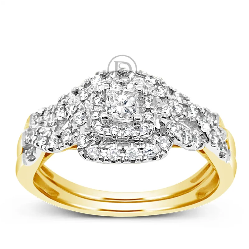 Women’s engagement rings with colored stones-Diamond Halo Engagement Ring .50 CTW Princess w/ Round Cut 14K Yellow Gold