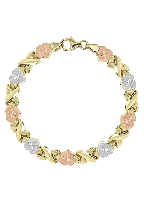 Women’s adjustable bangles-YELLOW GOLD "XO HEART" TRI-COLOR BRACELET FOR WOMEN 10K/14K